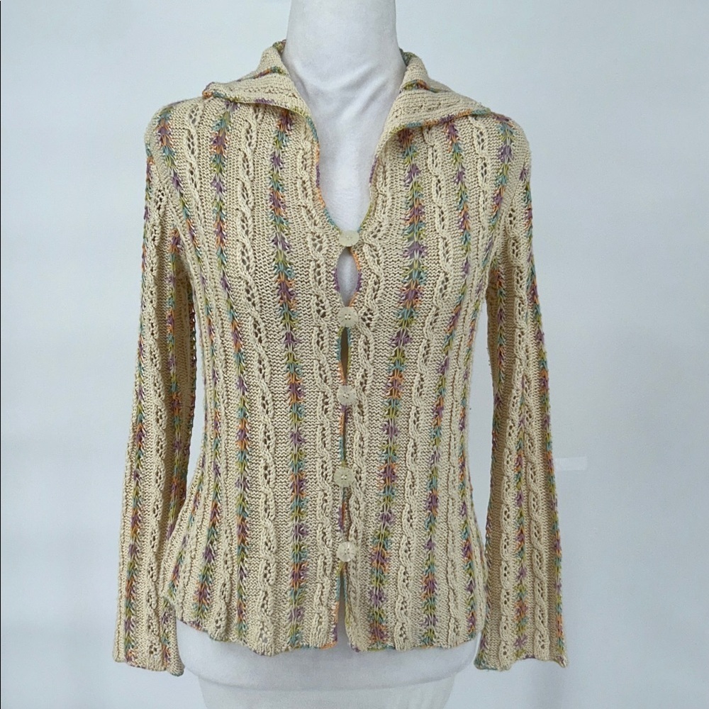 Sigrid Olsen Sport Silk Blend Crochet Knit Cardigan Pastel Open Front Size S - Picture 3 of 12